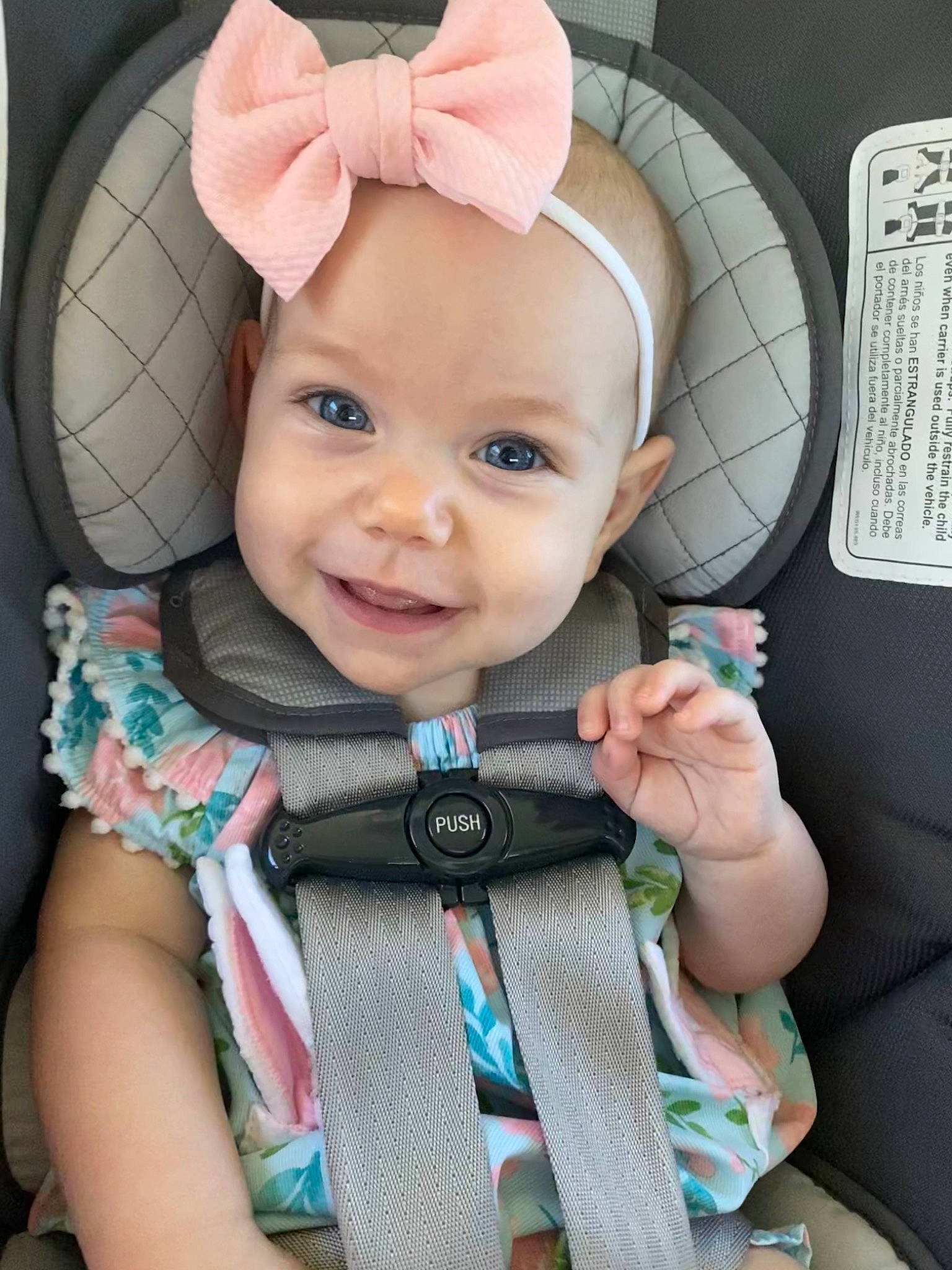 Sloane joined the competition — help win amazing prizes! baby, baby_safety, baby_toddler_clothing, cap, cheek, child, clothing, costume_hat, eyelash, finger, happy, headband, headwear, iris, outerwear, person, pink, product, skin, sleeve
