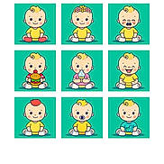 Ailani is registered to the contest to win money with this photo: baby, cartoon, illustration, puzzle, captcha, red_shoes, yellow_clothing, grid, nine_panels, sitting, smiling, playful, childlike, digital_art, teal_background, screenshot, mobile_interface, instructions, social_media, navigation_buttons