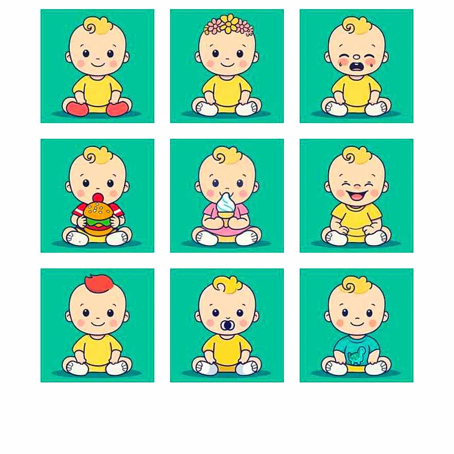 Ailani is registered to the contest to win money with this photo: baby, cartoon, illustration, puzzle, captcha, red_shoes, yellow_clothing, grid, nine_panels, sitting, smiling, playful, childlike, digital_art, teal_background, screenshot, mobile_interface, instructions, social_media, navigation_buttons