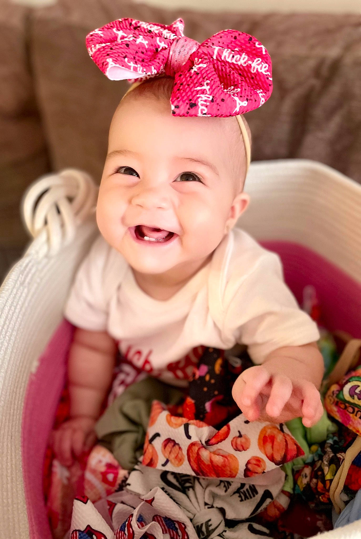 Aliana joined the competition — help win amazing prizes! baby, baby_toddler_clothing, cap, child, dress, eye, facial_expression, happy, headband, headgear, headpiece, human_body, joy, person, pink, red, skin, sleeve, smile, textile