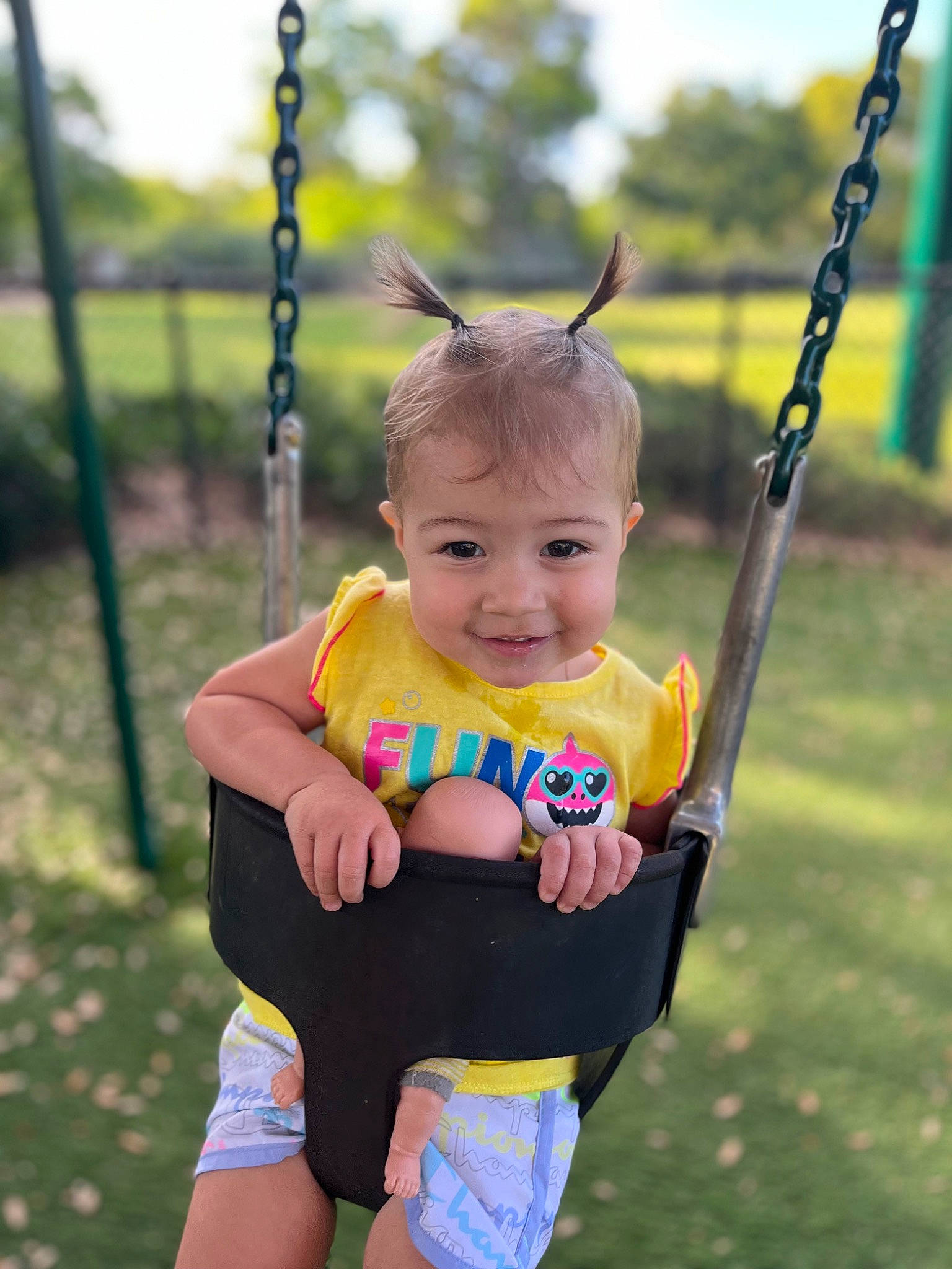 Aliana is registered to the contest to win money with this photo: baby, baby_toddler_clothing, child, eye, fun, grass, happy, head, joy, leisure, people, people_in_nature, person, plant, playground, recreation, sky, smile, summer, swing