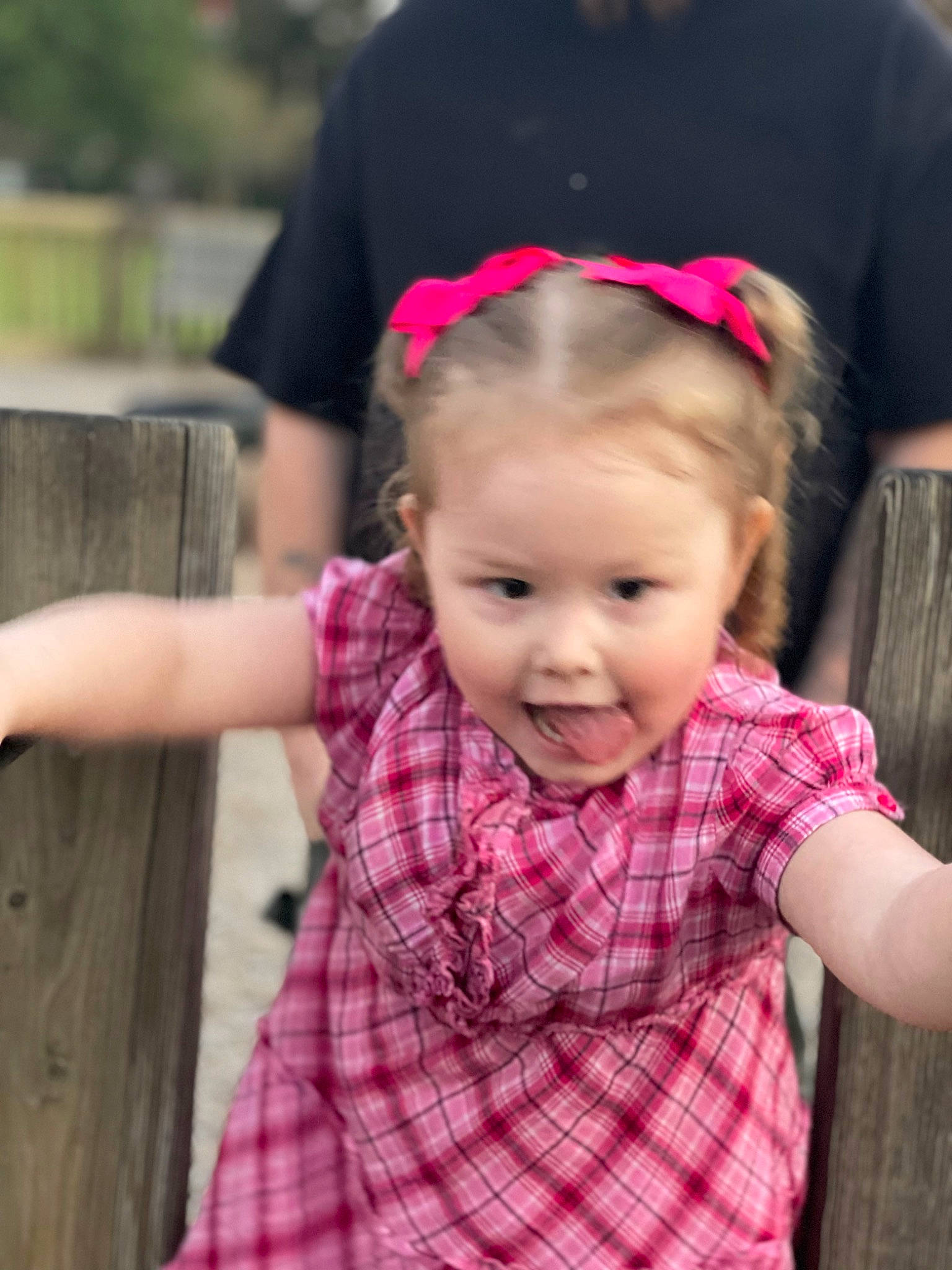 Leighlynn joined the competition — help win amazing prizes! baby, baby_toddler_clothing, chin, costume_hat, eye, fun, gesture, happy, iris, lip, neck, person, pink, plaid, plant, purple, skin, sleeve, smile, tartan