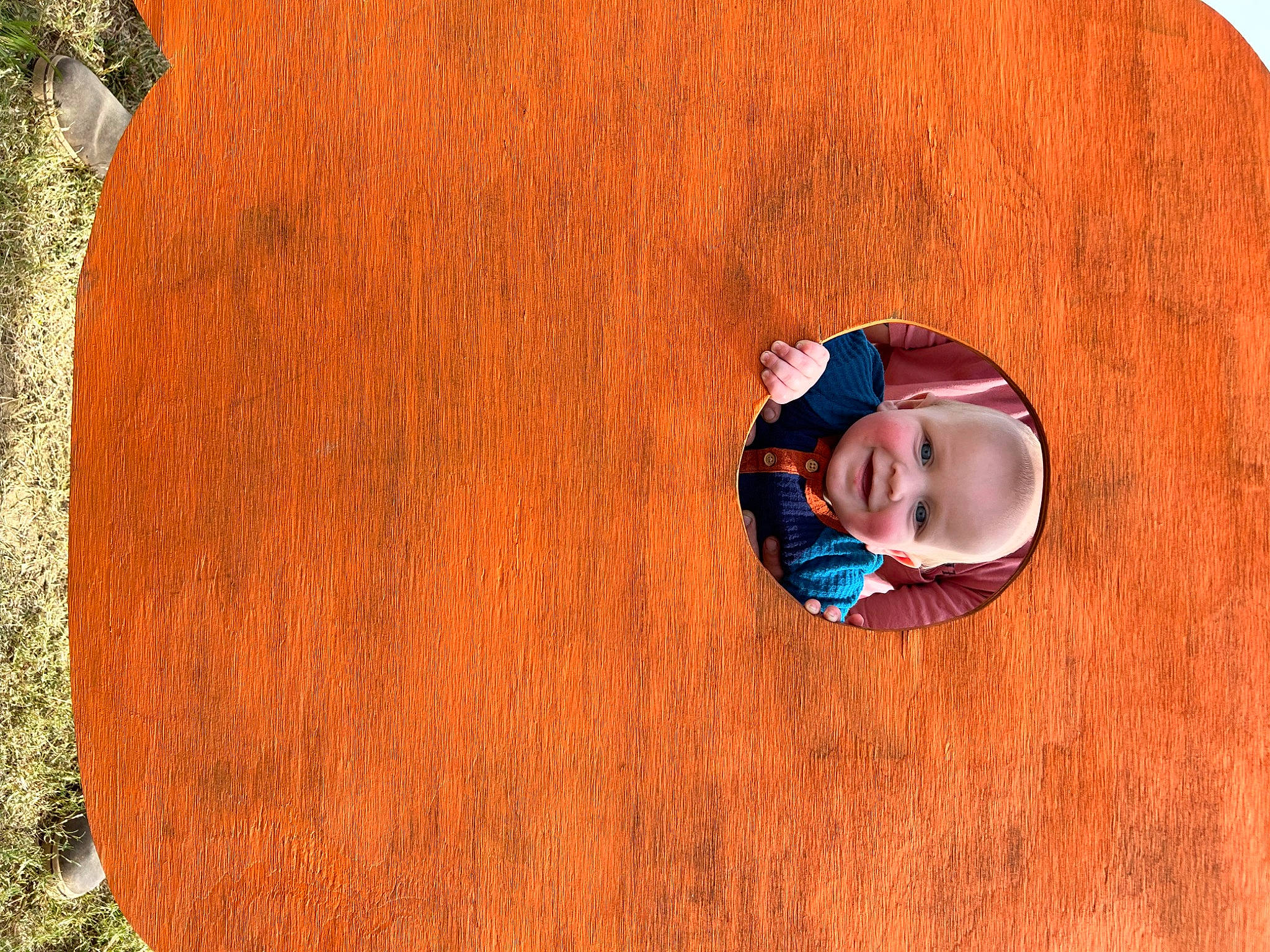 Jaxtyn is registered to the contest to win money with this photo: baby, baby_toddler_clothing, circle, eye, floor, flooring, grass, happy, hardwood, joy, landscape, person, plywood, rectangle, red, toddler, tree, trunk, varnish, wood