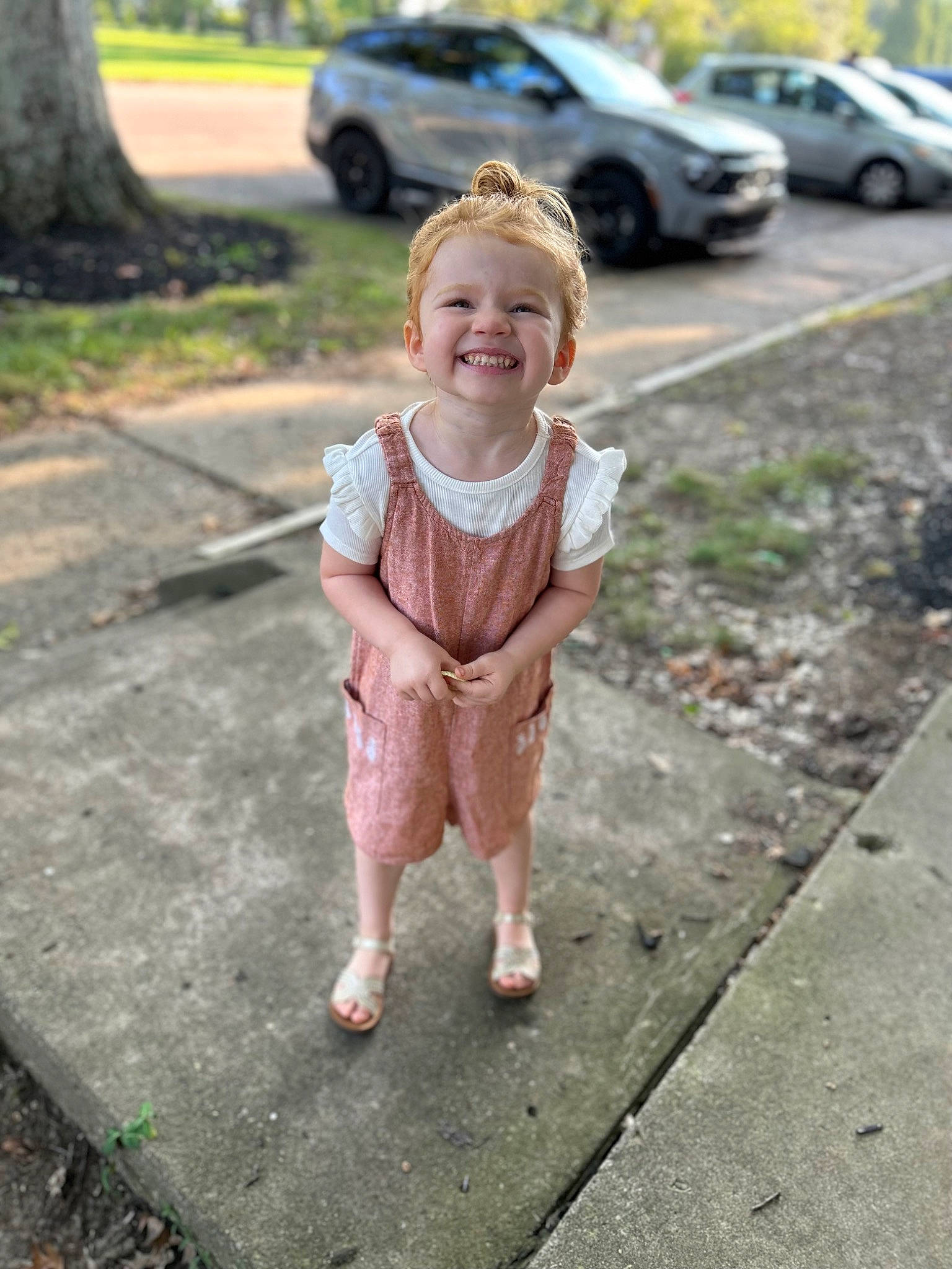 Peyton is registered to the contest to win money with this photo: asphalt, automotive_tire, car, dress, eye, face, gesture, grass, hair, hand, head, human_body, joy, person, plant, road_surface, sidewalk, smile, tire, toddler