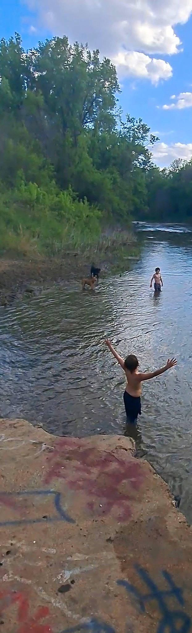 Bill is registered to the contest to win money with this photo: bank, barechested, bathing, fluvial_landforms_of_streams, fun, lacustrine_plain, lake, landscape, leisure, natural_environment, person, plant, recreation, reservoir, riparian_zone, stream, tree, vacation, water, watercourse