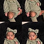 baby, child, infant, headband, bow, green_outfit, sitting, black_background, cute, portrait, baby_clothing, sock, long_sleeve, collage, expression, young_child, adorable, soft_texture, fashion, indoor