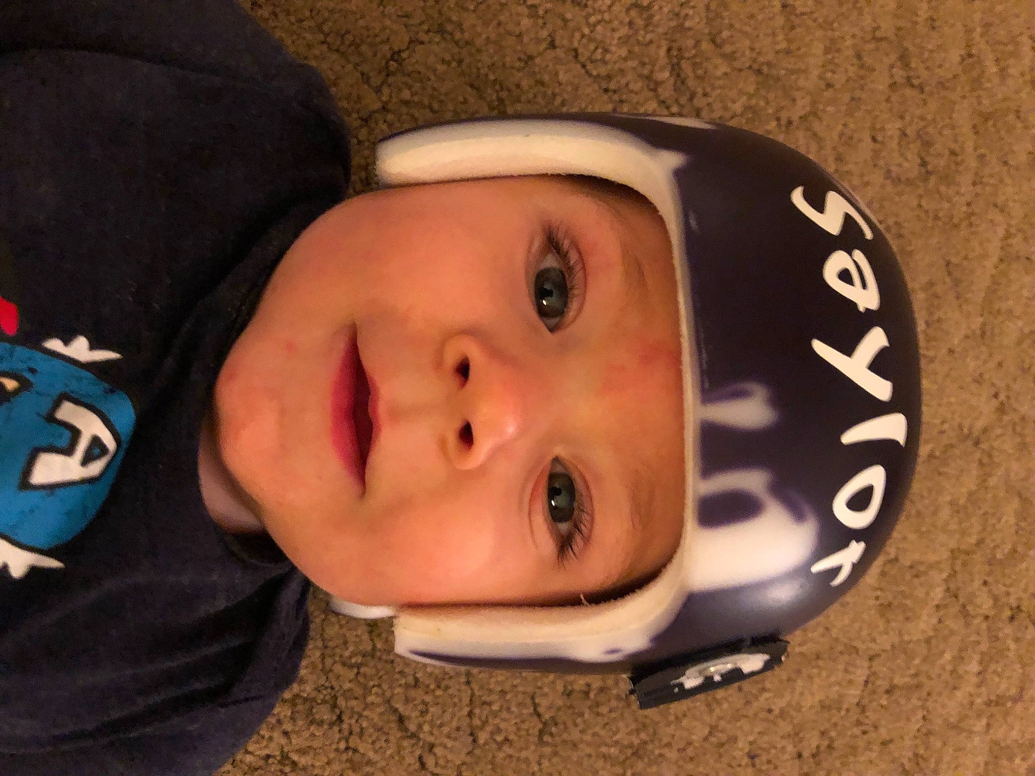 Saylor joined the competition — help win amazing prizes! baby, baby_toddler_clothing, cap, cheek, chin, cool, eye, eyebrow, face, facial_expression, fun, head, headgear, headwear, helmet, lip, mouth, nose, person, smile