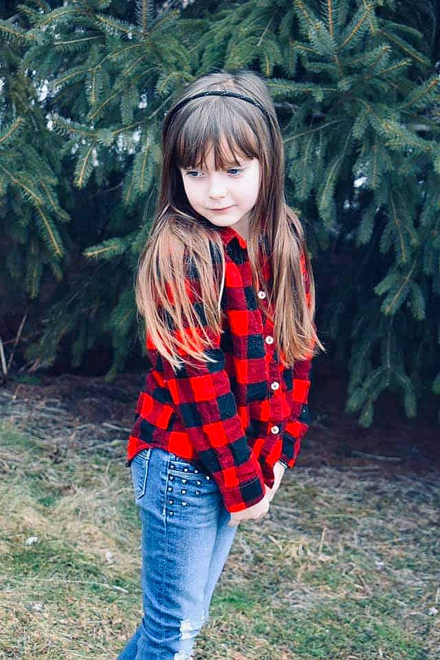 Addyson joined the competition — help win amazing prizes! cool, fawn, grass, hairstyle, happy, head, jeans, leaf, lip, people_in_nature, person, plant, sleeve, standing, street_fashion, sunlight, tartan, tree, waist, wood