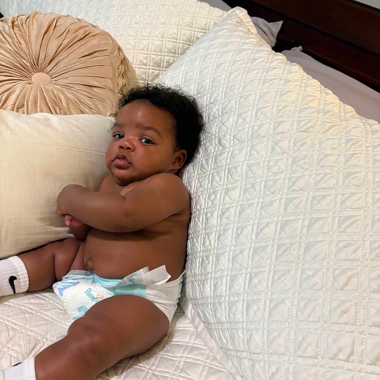 Blake joined the competition — help win amazing prizes! baby, infant, diaper, socks, couch, pillows, quilted, indoor, child, person, relaxing, cute, skin, hair, face, expression, comfort, home, furniture, resting
