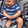 baby, child, smiling, blue_striped_clothing, onesie, blanket, star_pattern, hands, legs, feet, cute, indoor, happy, infant, plush, sitting, portrait, cozy, skin, face