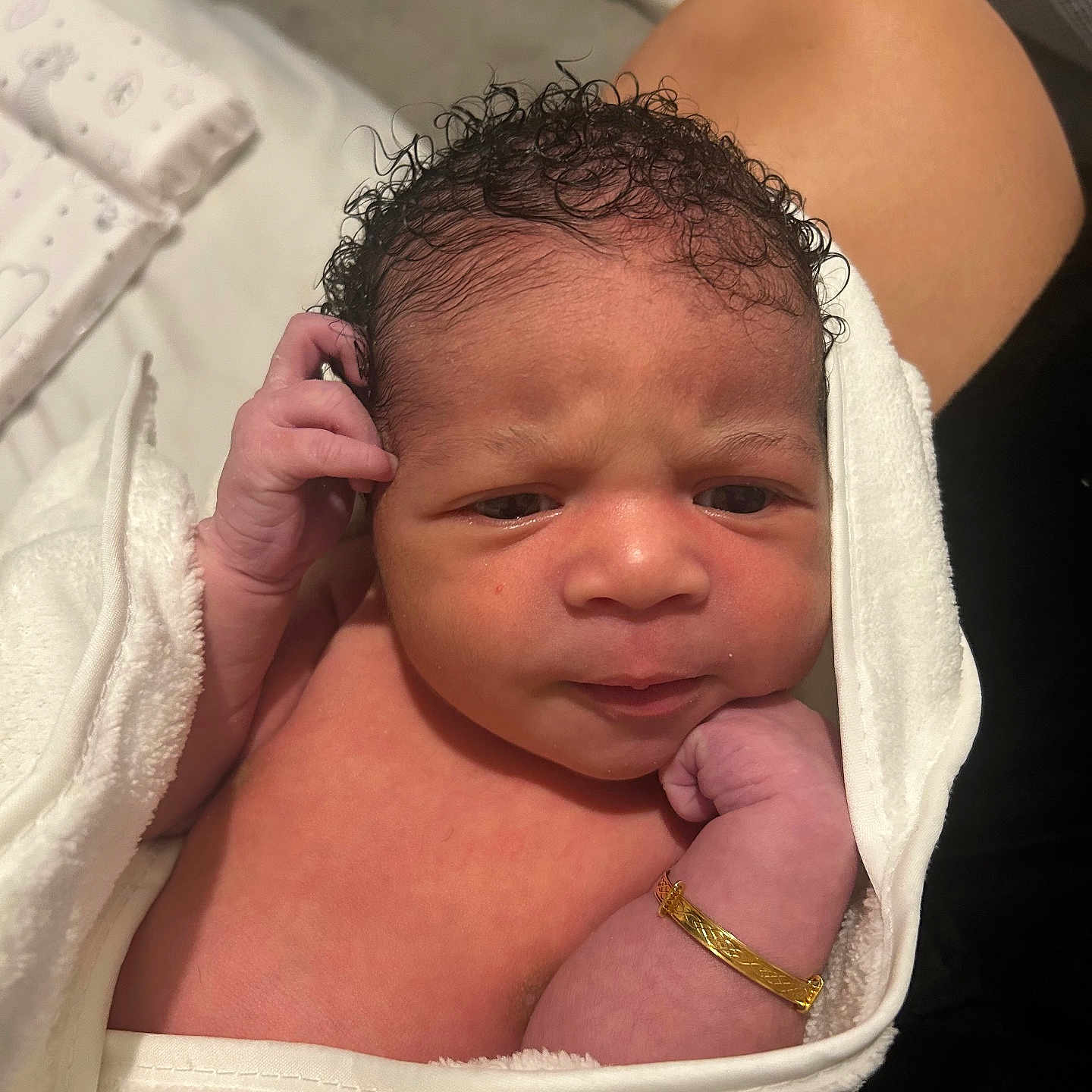 Aziyah joined the competition — help win amazing prizes! baby, bedroom, blanket, bracelet, curly_hair, cute, face, hand, indoors, infant, newborn, person, portrait, resting, skin, skin_tone, sleepwear, soft, towel, wrapped