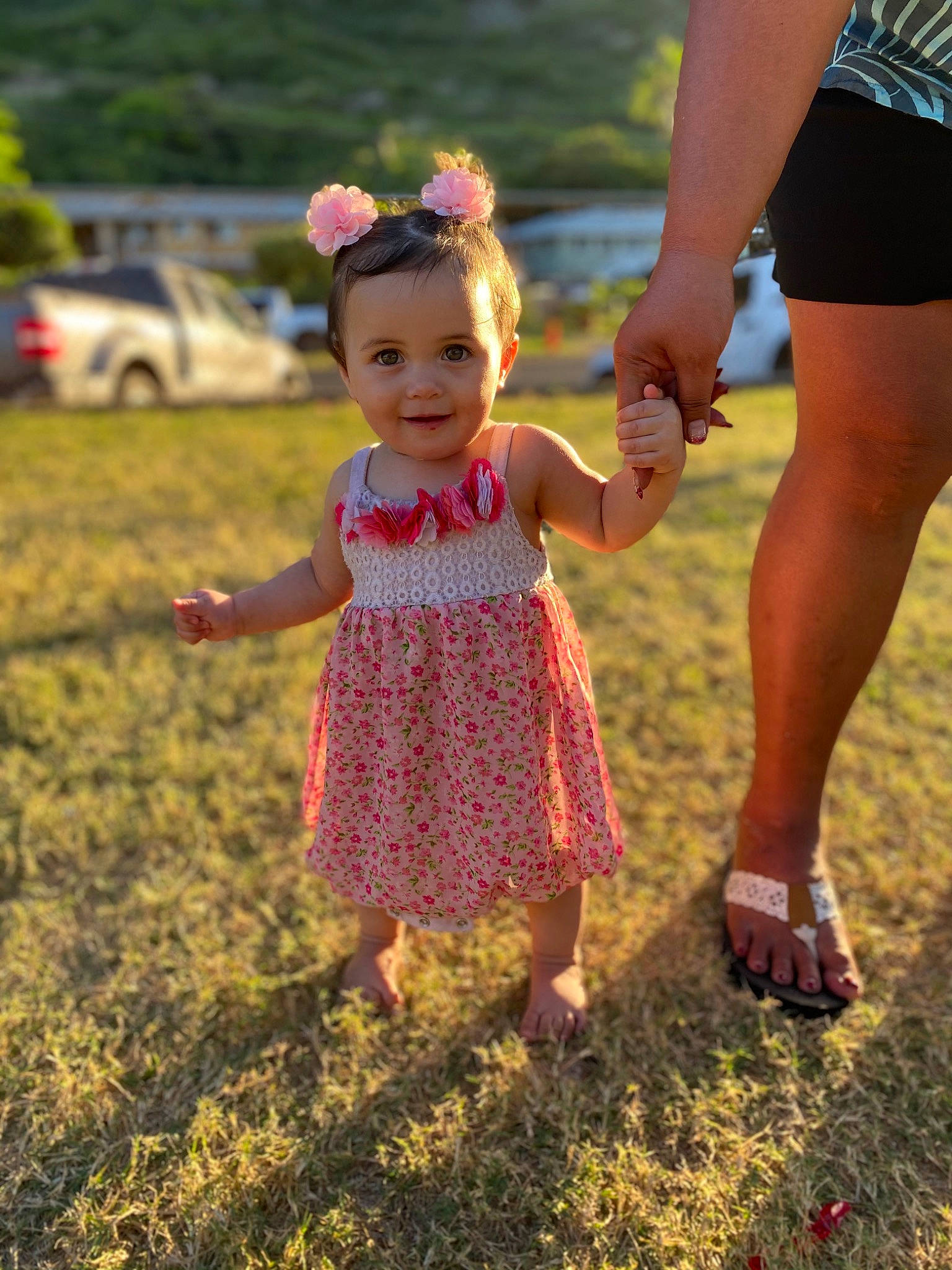 Honey is registered to the contest to win money with this photo: baby, baby_toddler_clothing, child, dress, fun, gesture, grass, happy, holding_hands, joy, leisure, meadow, morning, one_piece_garment, people_in_nature, person, pink, plant, shorts, skin