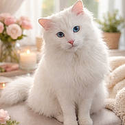 Neige participe au concours pour gagner de l'argent avec cette photo : cat, white_cat, blue_eyes, fluffy, pet, indoor, flowers, pink_flowers, candle, candlelight, cozy, cushion, knitted_blanket, soft_light, window, domestic_animal, feline, sitting, cute, calm