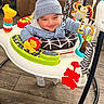 baby, child, walker, toy, smiling, blue_hat, indoor, floor, furniture, baby_clothing, colorful_toys, happy, person, seat, infant, play, wood_floor, couch, baby_walker, cute