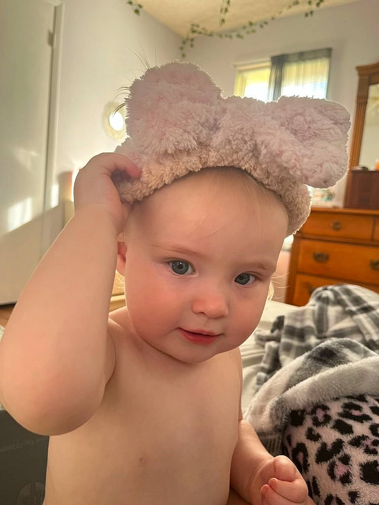 Mia-rose joined the competition — help win amazing prizes! baby, cap, costume_hat, eye, finger, fun, hairstyle, hand, happy, hat, head, headgear, headpiece, lip, nose, person, skin, smile, sun_hat, toddler