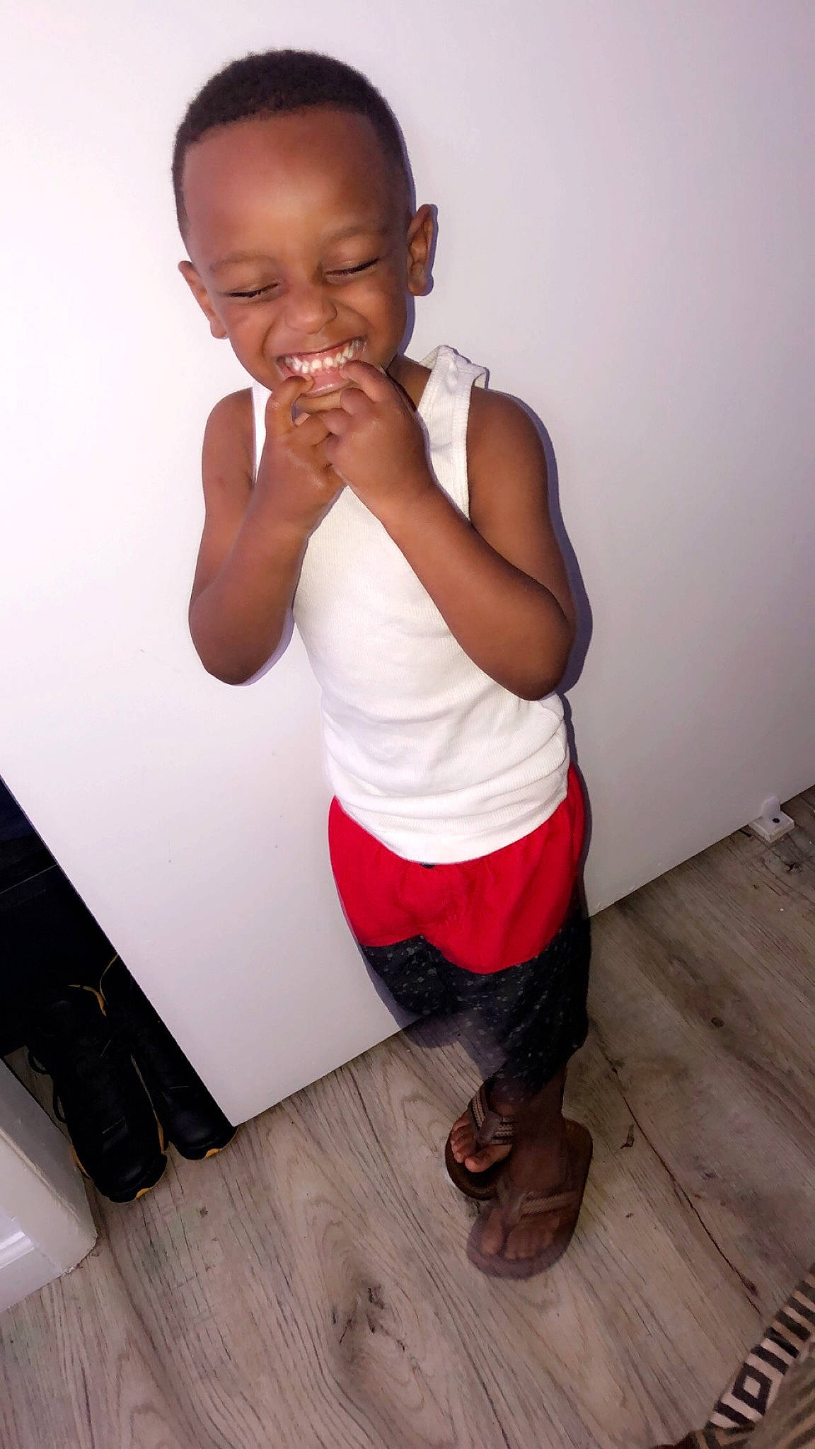 Lashawn joined the competition — help win amazing prizes! arm, child, finger, gesture, joint, joy, mouth, nose, person, standing, thigh, thumb, toddler