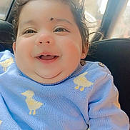 Gurviraat Singh is registered to the contest to win money with this photo: baby, child, smiling, curly_hair, blue_sweater, yellow_ducks, car_seat, indoors, natural_light, happy, cute, portrait, face, clothing, cozy, infant, sitting, soft_light, closeup, person