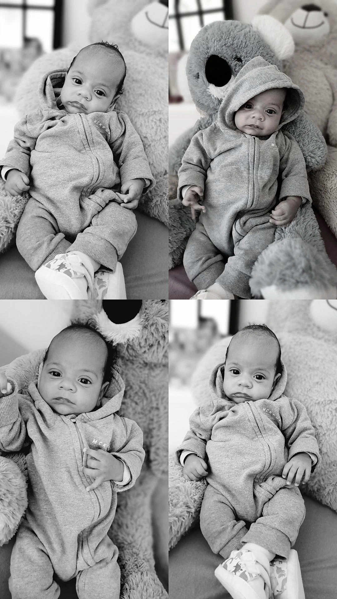 Tyano a rejoint le concours — aidez-le/la à gagner de superbes lots ! baby, black_and_white, child, couch, cozy, cute, expression, footwear, hoodie, indoor, infant, monochrome, onesie, photography, plush_toy, portrait, seated, soft_toy, teddy_bear, young_child