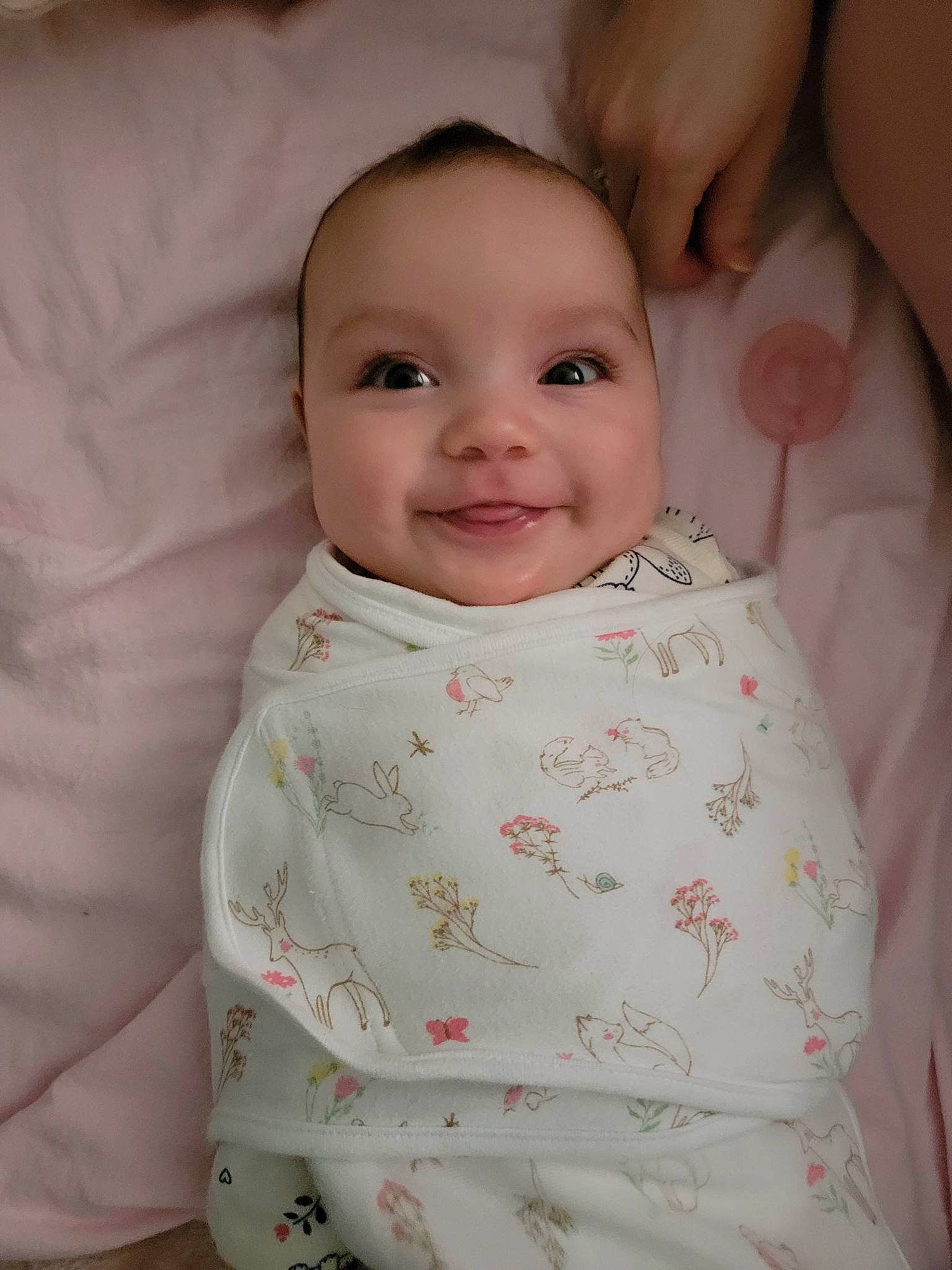 Lily is registered to the contest to win money with this photo: baby, baby_toddler_clothing, cheek, child, chin, collar, comfort, eyebrow, happy, joy, laugh, linens, lip, nose, peach, person, pink, portrait_photography, skin, sleeve