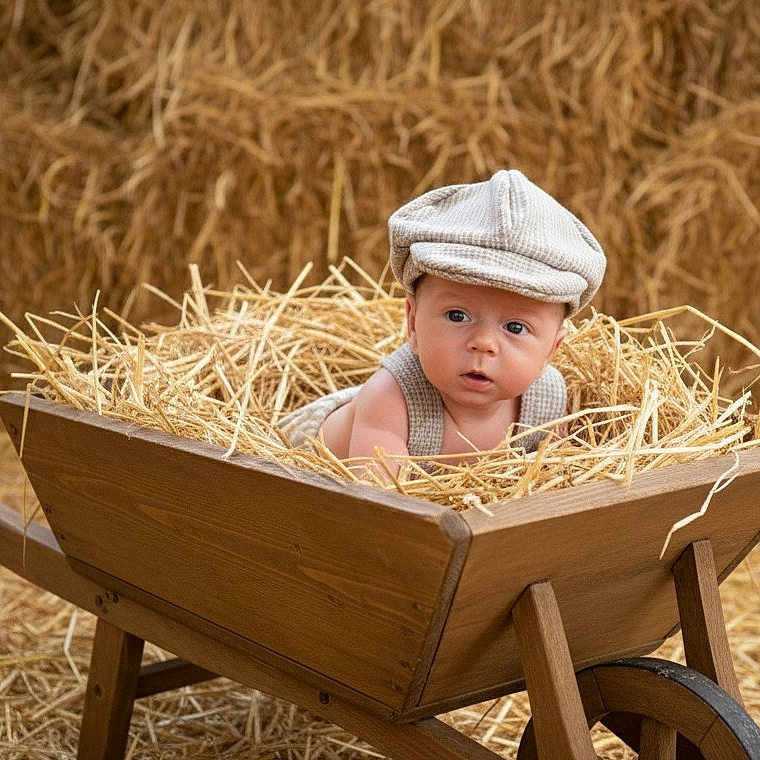 Raphaël a rejoint le concours — aidez-le/la à gagner de superbes lots ! agriculture, baby, barn, child, costume, curious, cute, face, farm, hay, indoors, infant, natural_light, portrait, rustic, sitting, straw, vintage_cap, wheelbarrow, wooden