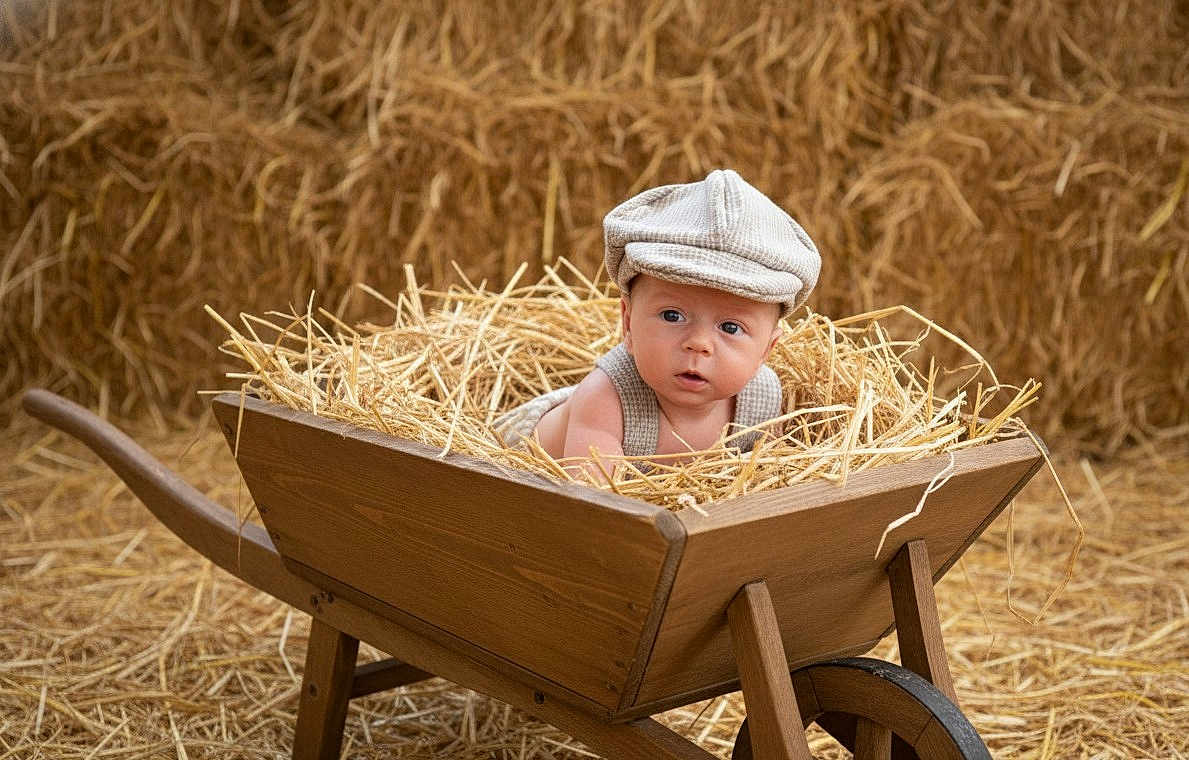 Raphaël a rejoint le concours — aidez-le/la à gagner de superbes lots ! baby, wheelbarrow, straw, hay, barn, vintage_cap, child, wooden, rustic, curious, indoors, face, portrait, agriculture, farm, cute, infant, sitting, natural_light, costume