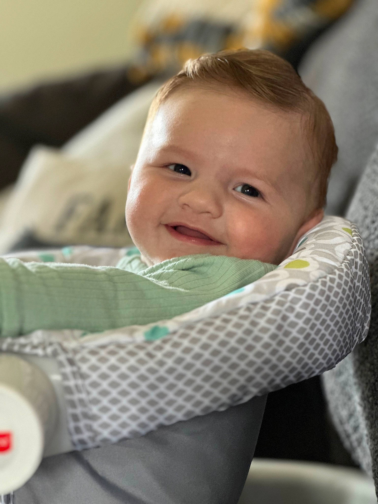 Jett joined the competition — help win amazing prizes! baby, baby_products, baby_toddler_clothing, cheek, child, comfort, happy, iris, joy, linens, person, portrait_photography, product, room, sitting, skin, smile, toddler