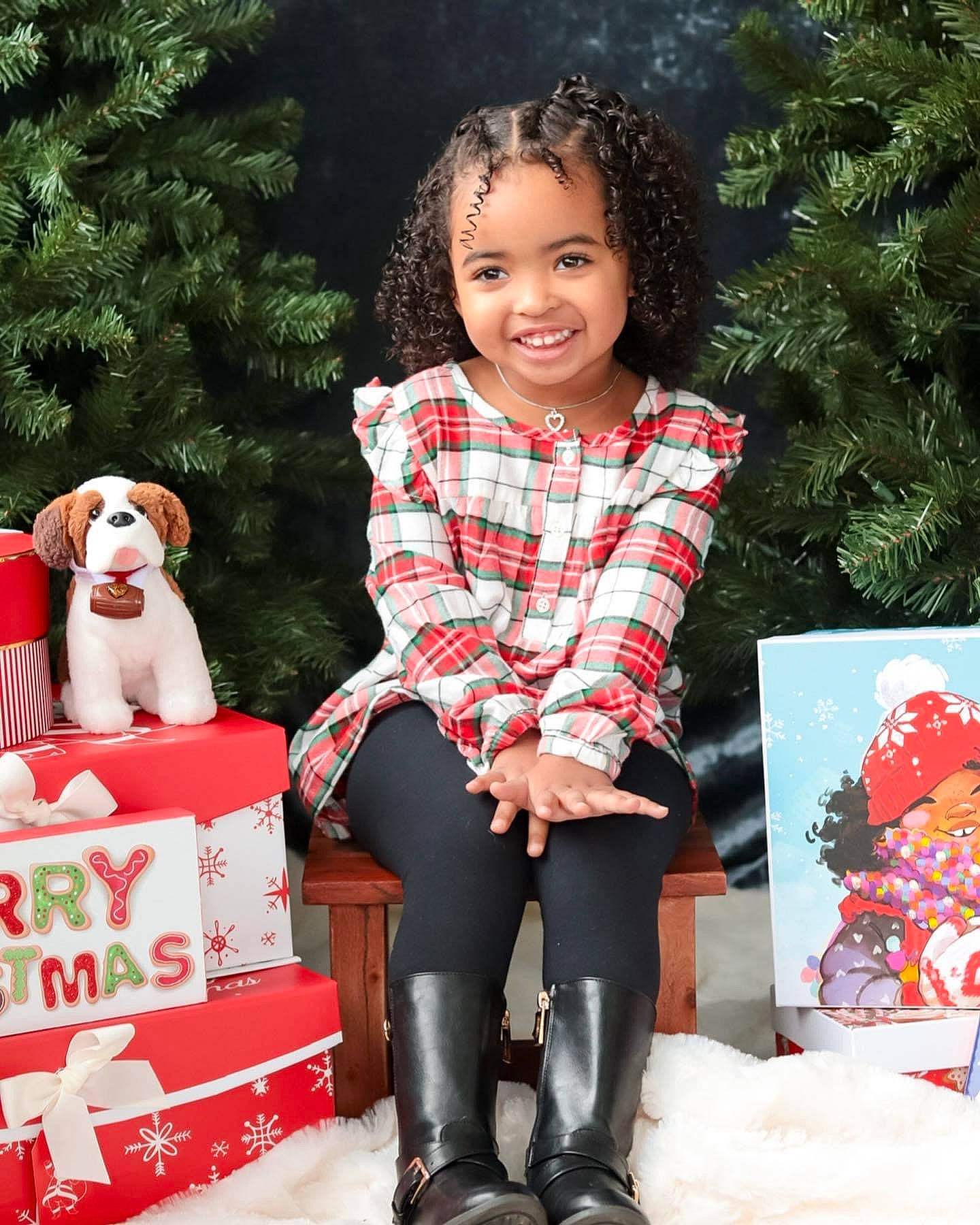 Leilani joined the competition — help win amazing prizes! christmas_ornament, companion_dog, dog, dog_breed, event, fawn, fun, hair, happy, head, joy, lap, leisure, pattern, person, pink, plaid, plant, sleeve, smile