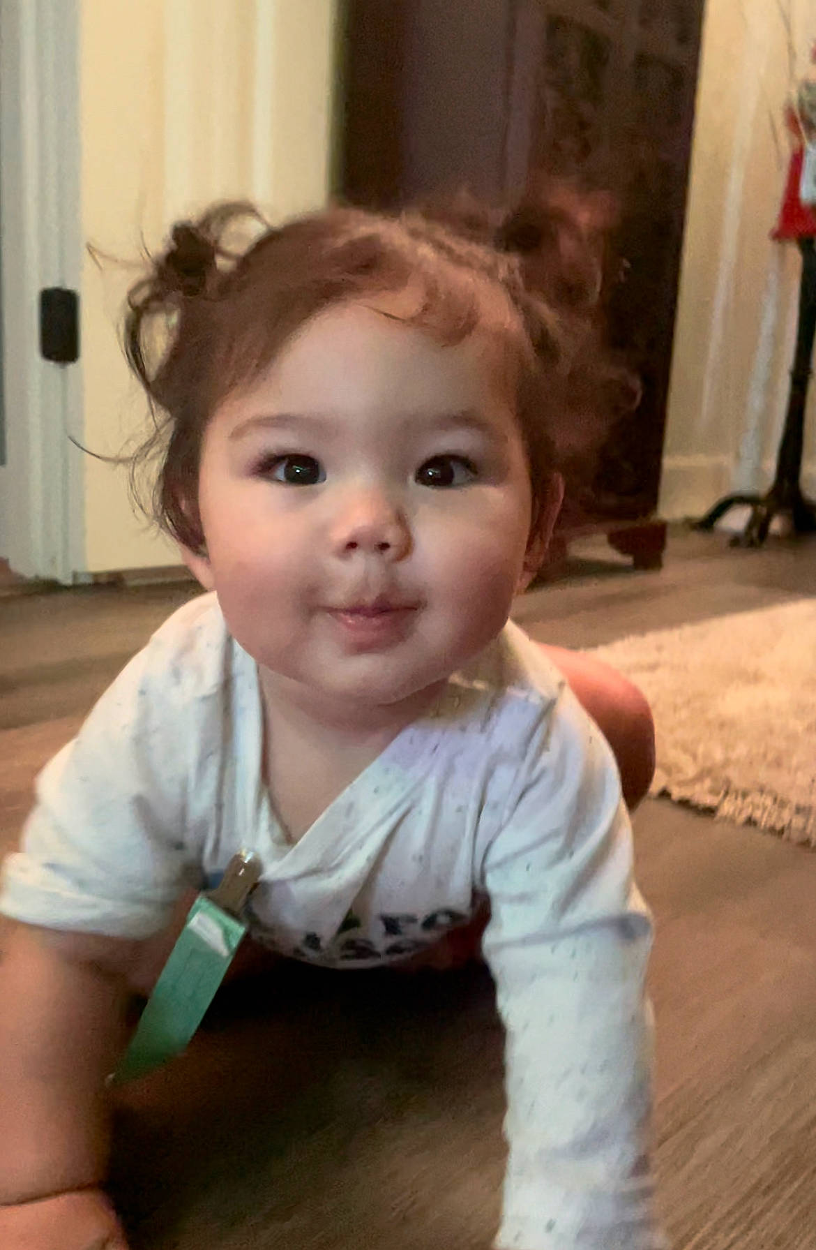 Skylar joined the competition — help win amazing prizes! baby_toddler_clothing, cheek, eye, eyebrow, eyelash, floor, flooring, hairstyle, happy, hardwood, iris, lip, mouth, nose, person, skin, sleeve, smile, standing, toddler
