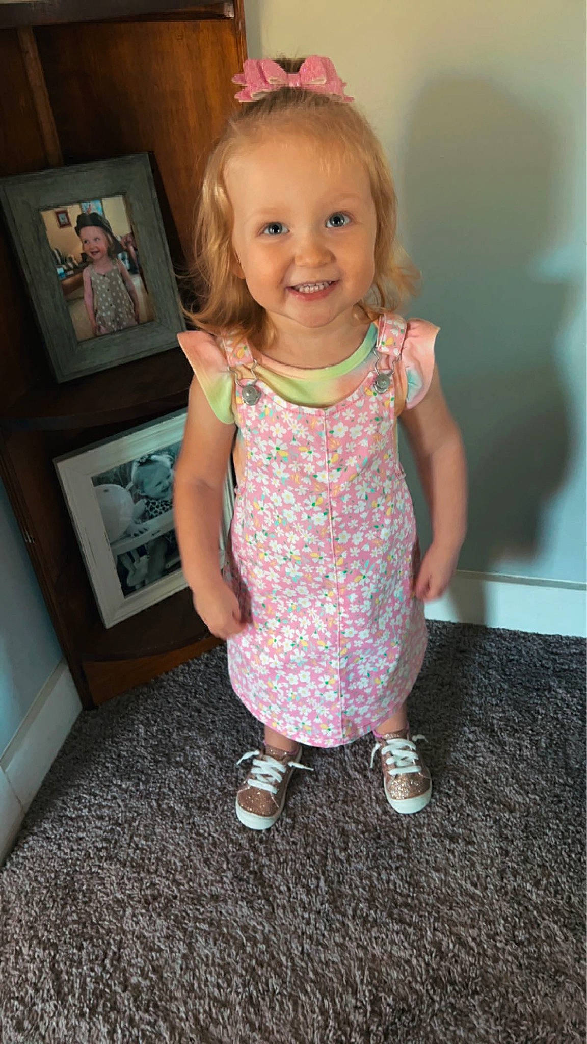 Harper joined the competition — help win amazing prizes! baby_toddler_clothing, cheek, child, dress, flooring, footwear, fun, happy, iris, joy, magenta, pattern, person, picture_frame, pink, skin, sleeve, smile, standing, t_shirt