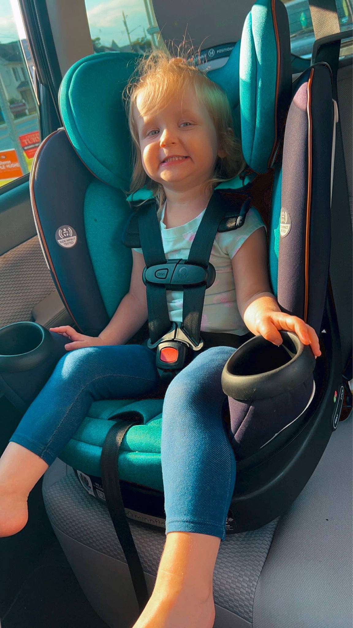 Harper joined the competition — help win amazing prizes! auto_part, automotive_design, baby_in_car_seat, car_seat, car_seat_cover, child, comfort, electric_blue, family_car, fun, head_restraint, joy, leisure, motor_vehicle, person, seat_belt, sitting, smile, steering_part, steering_wheel