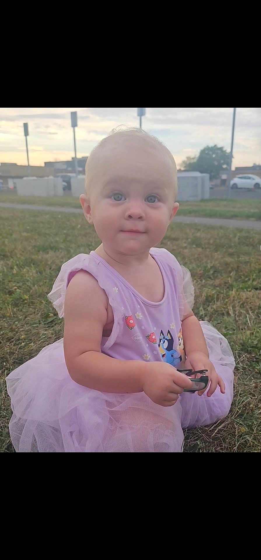Luna is registered to the contest to win money with this photo: child, toddler, grass, outdoor, purple_tutu, sitting, holding, sunglasses, cute, young_child, nature, playful, summer, daylight, cartoon_clothing, expression, casual, fun, innocent, small_object