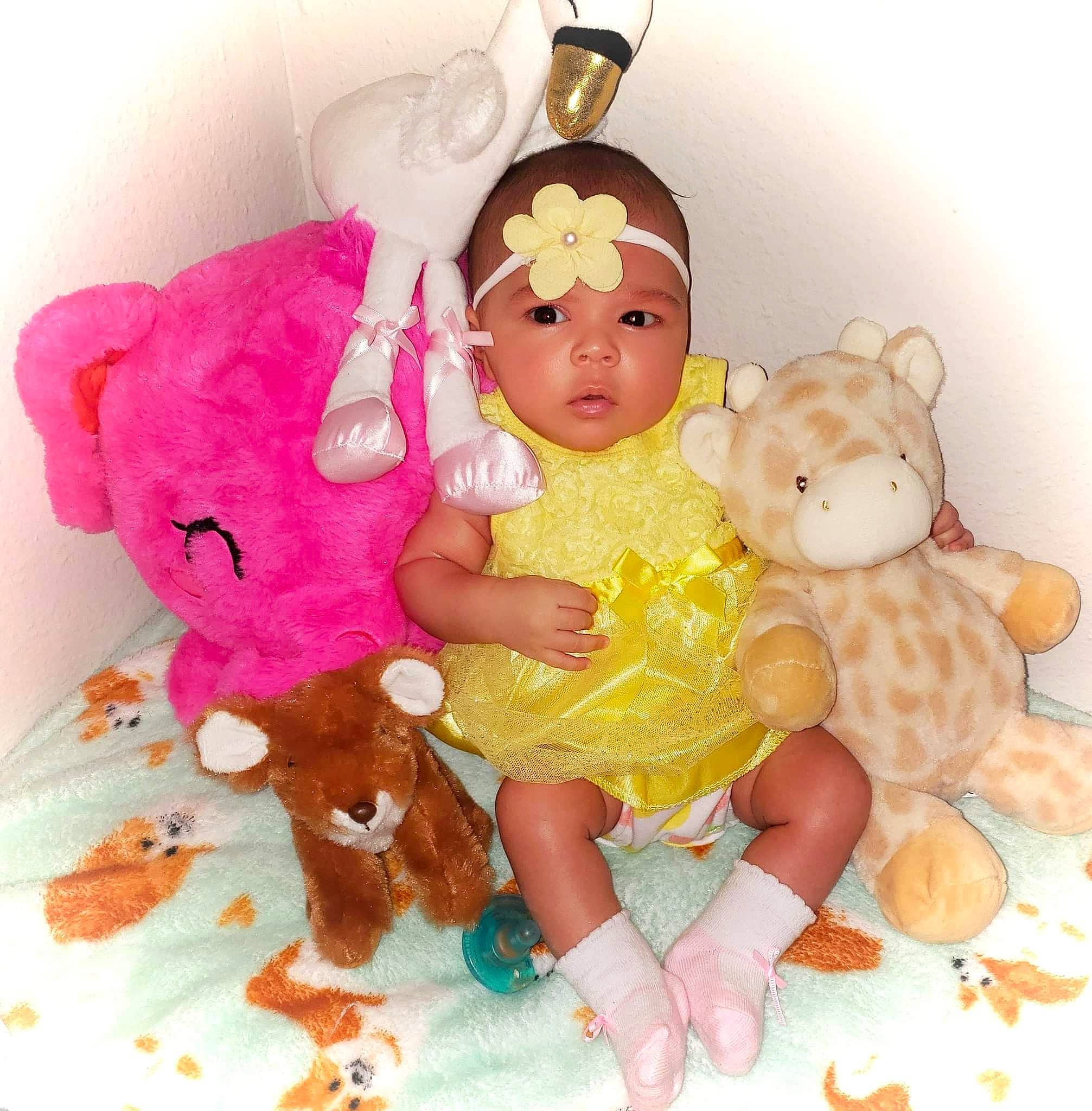 Nehemiah is registered to the contest to win money with this photo: baby, baby_products, baby_toddler_clothing, baby_toys, child, doll, dress, fawn, head, headwear, magenta, mammal, mythical_creature, person, pink, plush, product, room, sitting, stuffed_toy