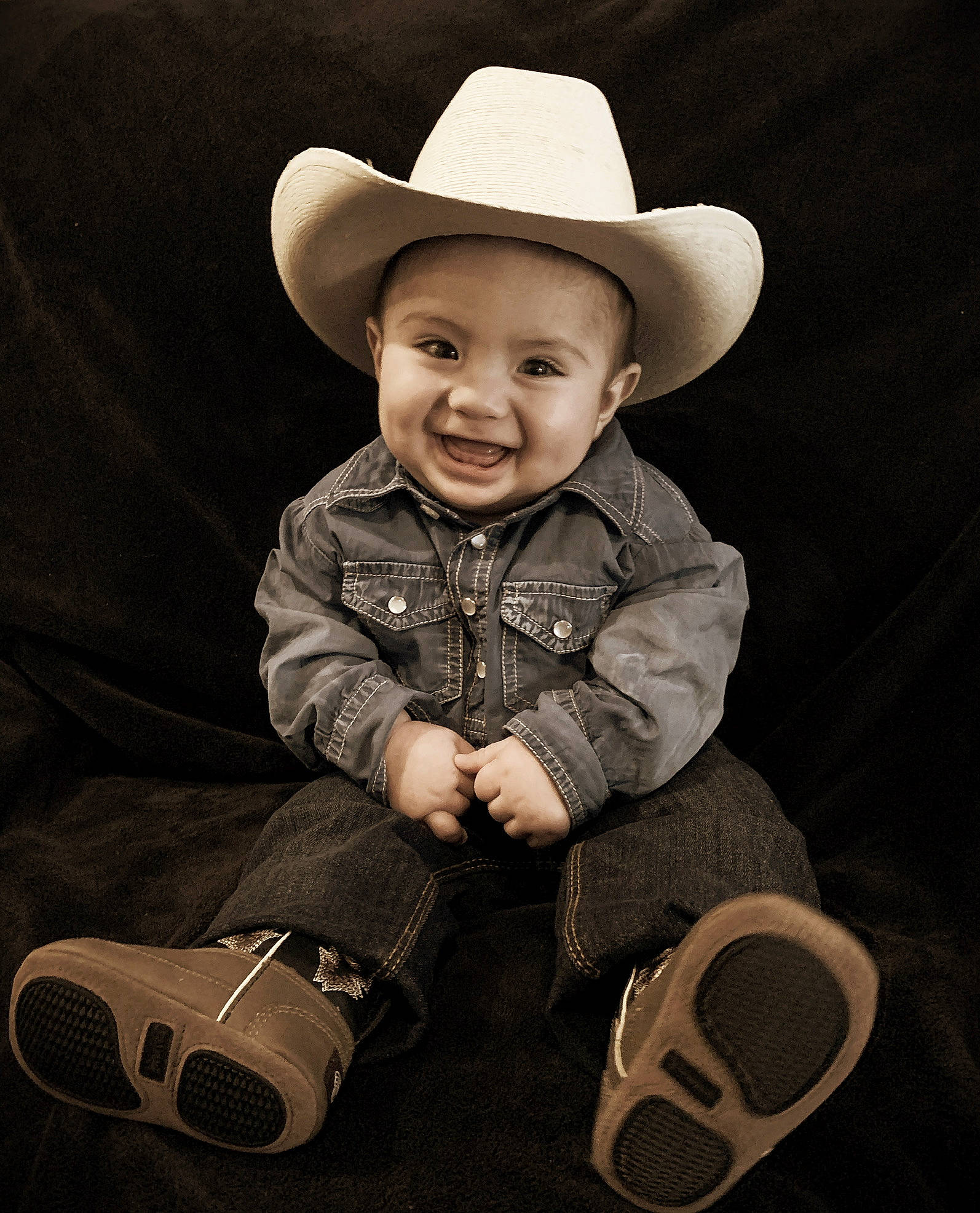 Leonel joined the competition — help win amazing prizes! baby_toddler_clothing, beige, cheek, child, comfort, cool, costume_accessory, denim, flash_photography, hat, headgear, human, human_body, jeans, joy, person, shoe, sitting, sleeve, sun_hat