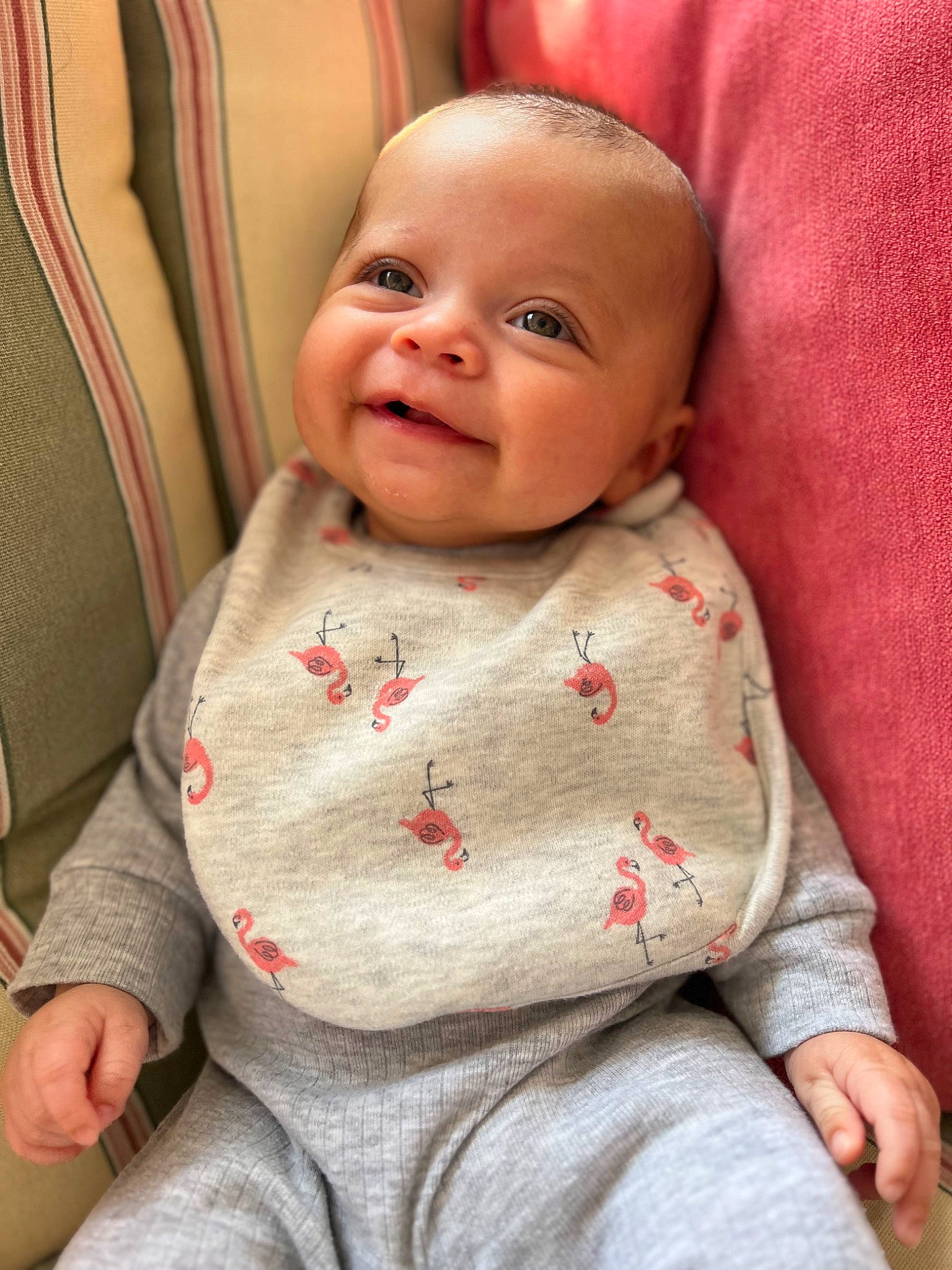 Emmie is registered to the contest to win money with this photo: baby, baby_toddler_clothing, cheek, chin, collar, comfort, eye, face, facial_expression, happy, head, iris, lip, person, pink, red, skin, sleeve, smile, textile