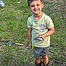 child, boy, smiling, outdoors, fishing, fish, fishing_rod, grass, nature, portrait, standing, angler, catch, boots, cowboy_boots, t_shirt, shorts, happy, sunlight, rural