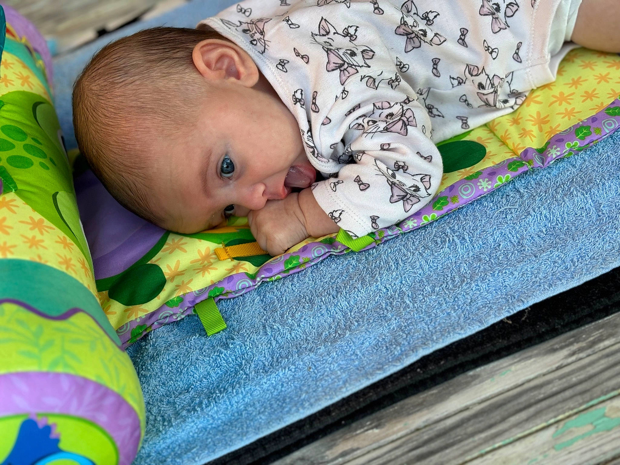 Luciana participe au concours pour gagner de l'argent avec cette photo : baby, baby_products, baby_toddler_clothing, child, comfort, flooring, grass, iris, linens, pattern, person, playmat, product, room, sitting, skin, sleeve, textile, toddler, wood