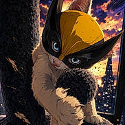 Bibine a rejoint le concours — aidez-le/la à gagner de superbes lots ! cat, anime, mask, claw, pillar, sunset, city, building, dramatic_lighting, fierce, fur, blue_eyes, climbing, action_pose, illustration, fantasy, heroic, orange_sky, night, urban