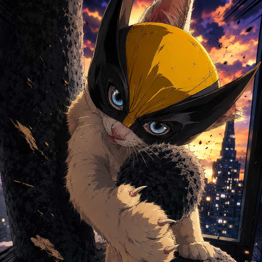 Bibine a rejoint le concours — aidez-le/la à gagner de superbes lots ! cat, anime, mask, claw, pillar, sunset, city, building, dramatic_lighting, fierce, fur, blue_eyes, climbing, action_pose, illustration, fantasy, heroic, orange_sky, night, urban