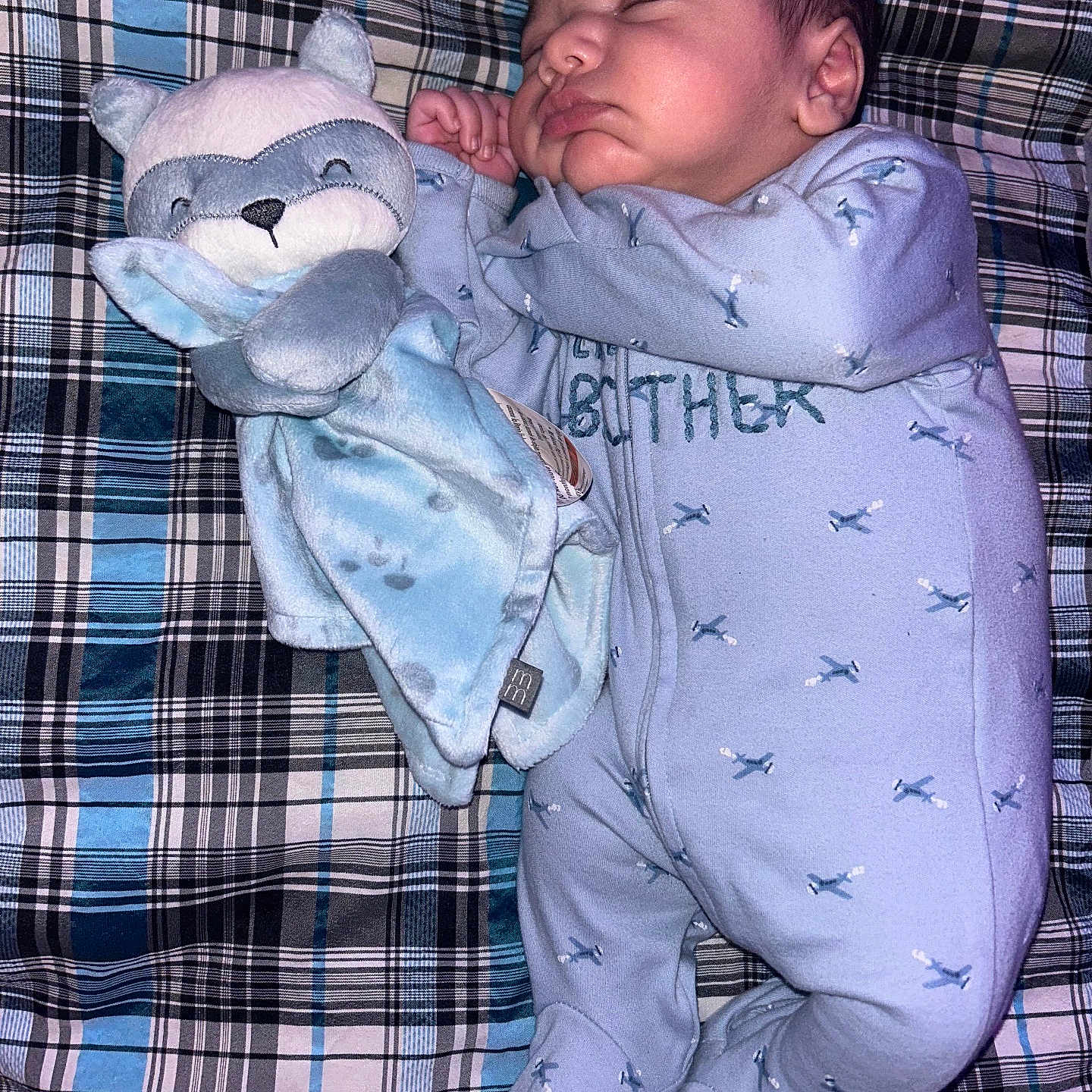 Ali is registered to the contest to win money with this photo: baby, sleeping, onesie, plush_toy, blue, infant, blanket, plaid, soft_toy, child, peaceful, cute, face, hand, footed_pajamas, indoors, resting, cozy, newborn, comfort