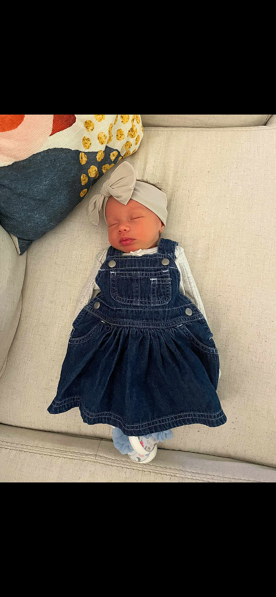 Scotti joined the competition — help win amazing prizes! baby, sleeping, denim_dress, headband, bow, couch, pillow, infant, peaceful, indoors, child, cute, resting, clothing, fabric, home, soft, portrait, toddler, cozy