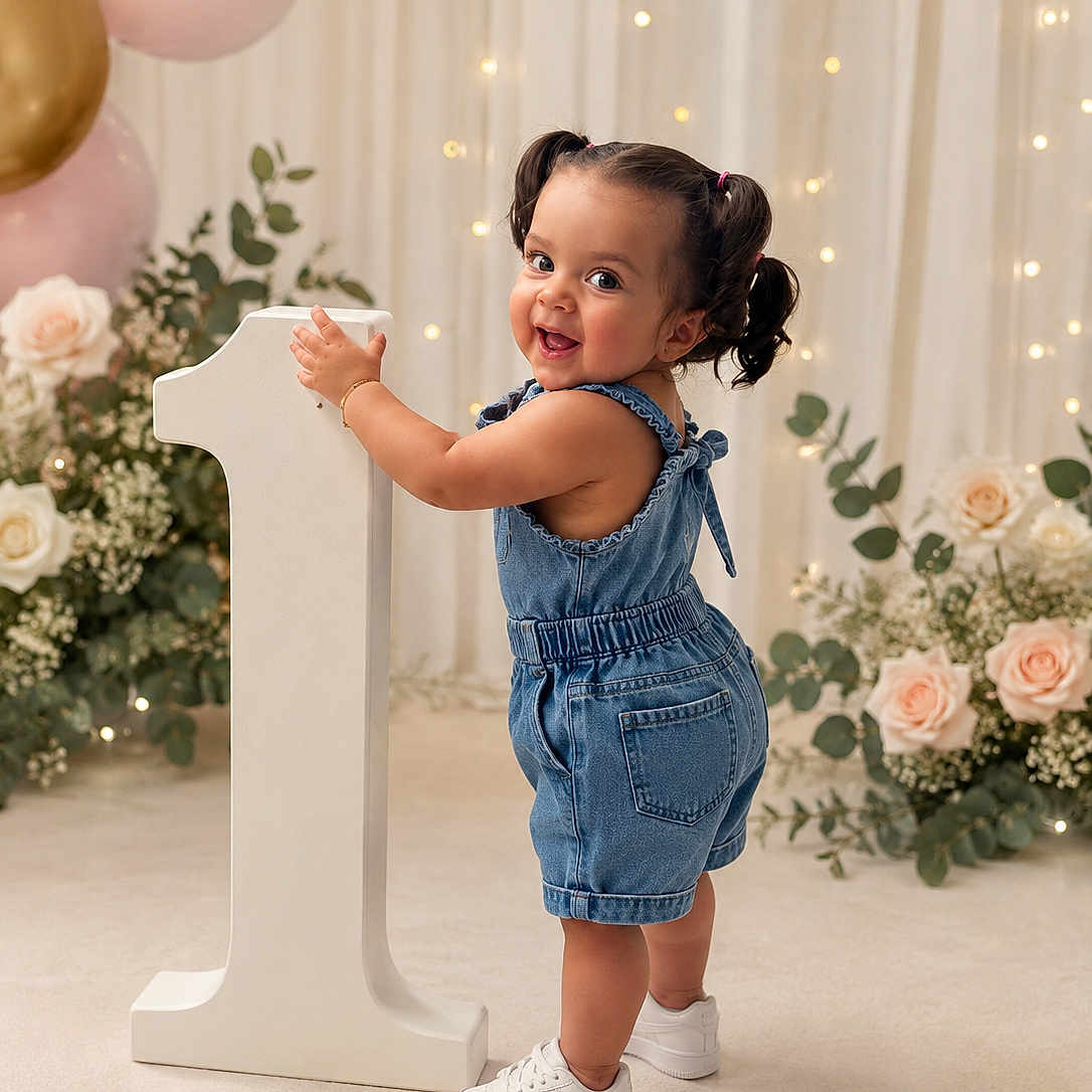 Milena joined the competition — help win amazing prizes! toddler, child, denim_overalls, white_sneakers, number_one, balloons, pink_balloons, gold_balloons, roses, flowers, greenery, fairy_lights, celebration, birthday, smiling, happy, standing, indoor, portrait, cute