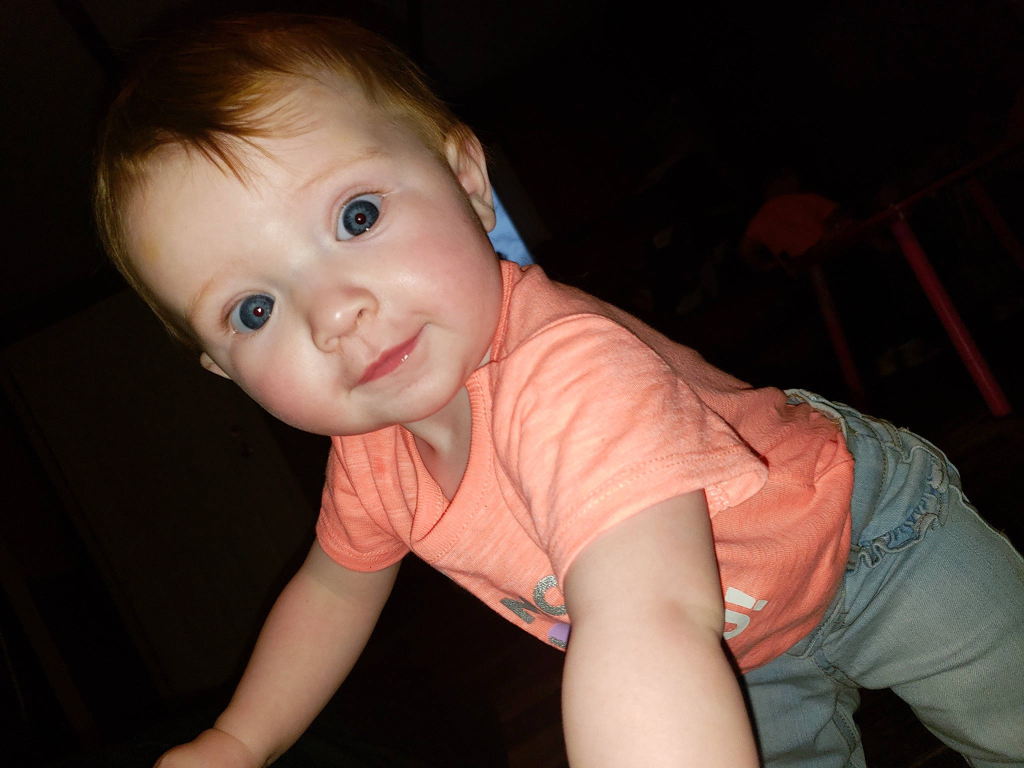 Mia Maze is registered to the contest to win money with this photo: arm, baby, cheek, child, chin, crawling, eye, face, forehead, fun, head, iris, lip, mouth, nose, person, photography, sitting, skin, smile