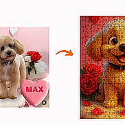 Max joined the competition — help win amazing prizes! animal, cartoon, collar, cute, cute_pet, decorations, dog, flower, fluffy, gift, heart, love, pet, pink_background, puppy, puzzle, red_roses, roses, smiling_dog, valentines