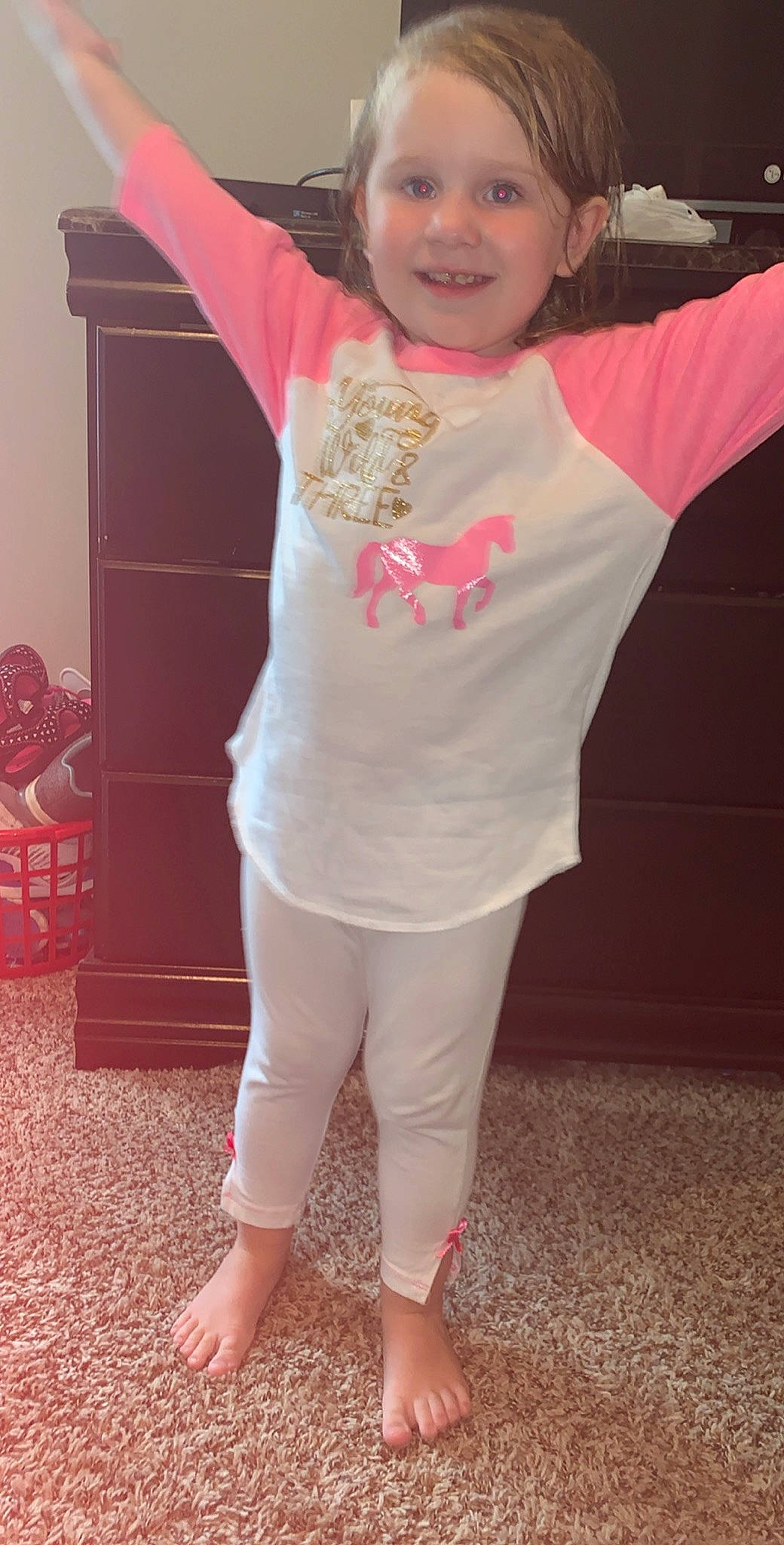 Eryn joined the competition — help win amazing prizes! child, child_model, clothing, footwear, jeans, joy, leg, leggings, lip, outerwear, person, pink, shoe, sleeve, standing, t_shirt, toddler, trousers