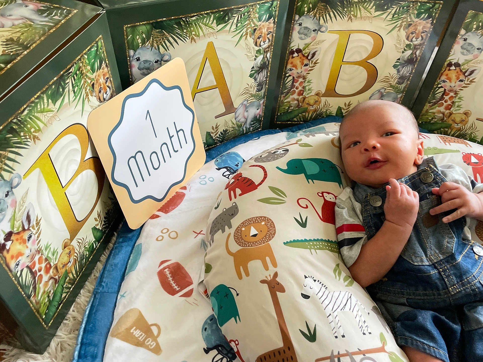 Azalyen joined the competition — help win amazing prizes! baby, infant, one_month, denim_overalls, striped_shirt, cushion, animal_print, lion, giraffe, elephant, monkey, zebra, jungle_theme, abc_blocks, colorful, cute, portrait, child, smiling, indoor