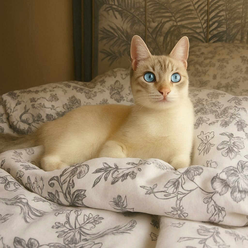 Kira a rejoint le concours — aidez-le/la à gagner de superbes lots ! animal, bedroom, bedspread, blue_eyes, cat, comfort, cozy, cream_color, cute, domestic_cat, ears, feline, floral_pattern, fur, indoor, pet, relaxed, resting, soft_light, whiskers