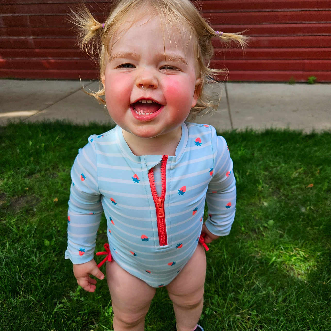 Bowie joined the competition — help win amazing prizes! bare_legs, child, cute, footwear, grass, greenery, happy, outdoor, person, pigtails, playful, portrait, red_wall, sidewalk, smiling, summer, sunlight, swimsuit, toddler, young_child