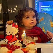 Louise participe au concours pour gagner de l'argent avec cette photo : birthday_cake, cabinet, cake, candle, celebration, child, cream, curly_hair, cute, face, food, hello_kitty, high_chair, indoor, milk_mustache, red_clothing, strawberries, table, television, toddler