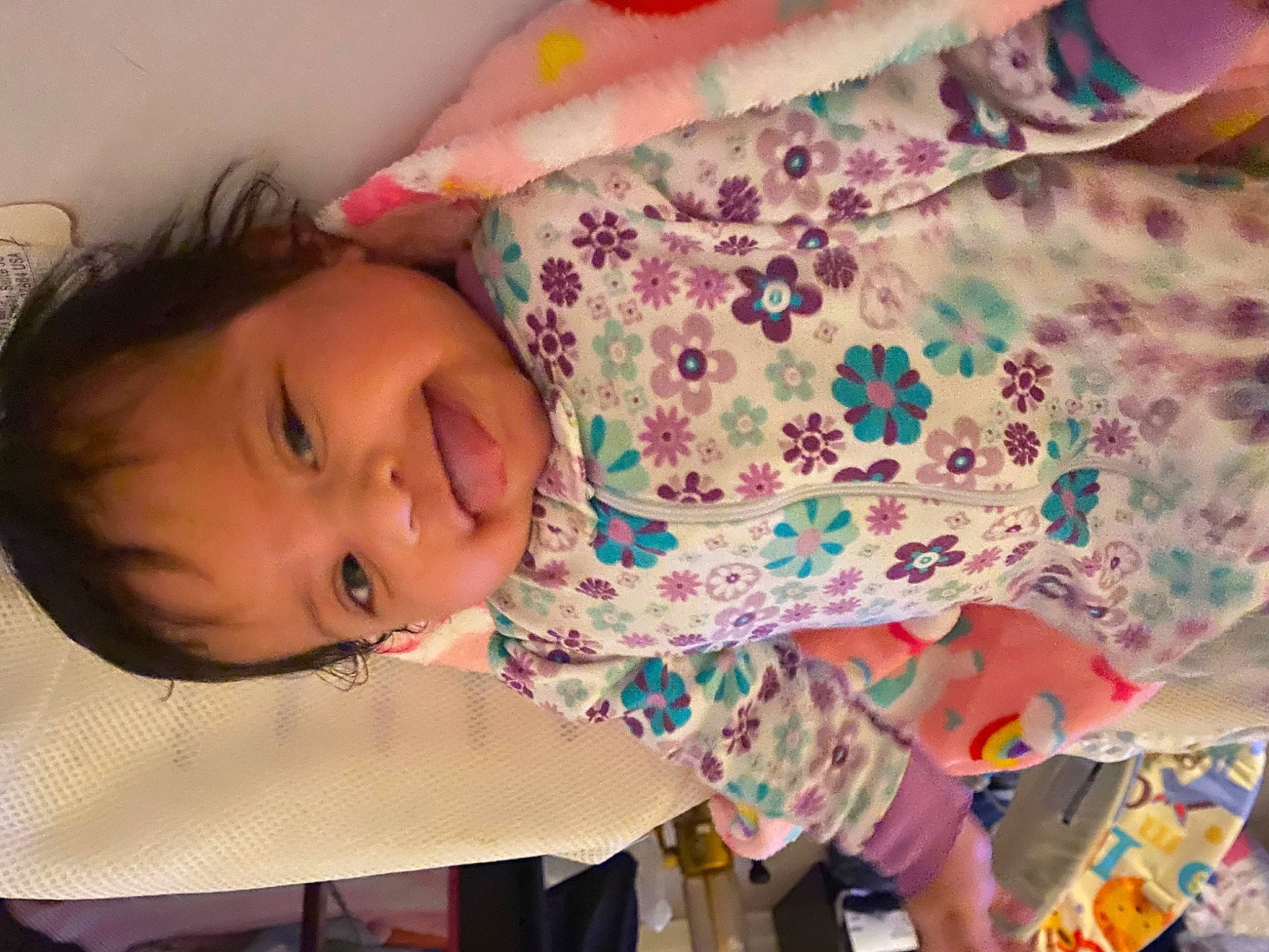 Cecilia joined the competition — help win amazing prizes! baby, baby_toddler_clothing, cheek, child, comfort, eyelash, fun, happy, joy, linens, lip, mouth, neck, nose, pattern, person, pink, room, skin, sleeve