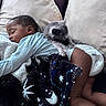 Rosie Waffles joined the competition — help win amazing prizes! baby, cat, sleeping, cuddling, nap, bed, pillows, blanket, indoors, portrait, gray_cat, infant, peaceful, cozy, home, furniture, diaper, blue_shirt, black_blanket, pet